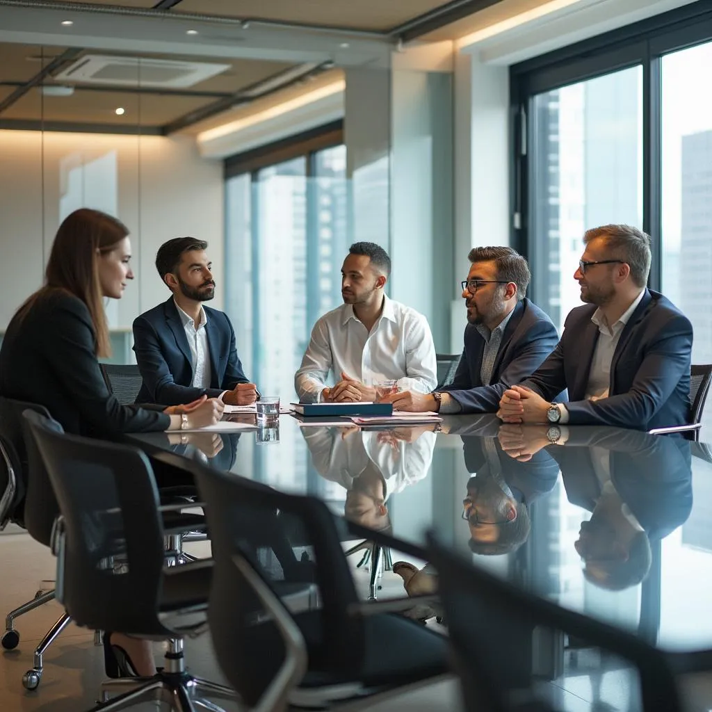 Equipo de consultores financieros en reunión estratégica